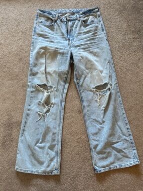 H&M Light Blue Distressed High-Waisted, Wide-Leg Jeans